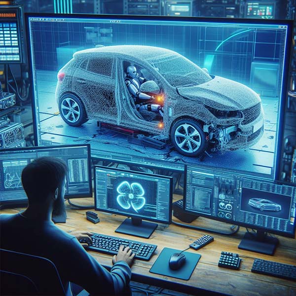 Man looking at crash dummy in car on computer