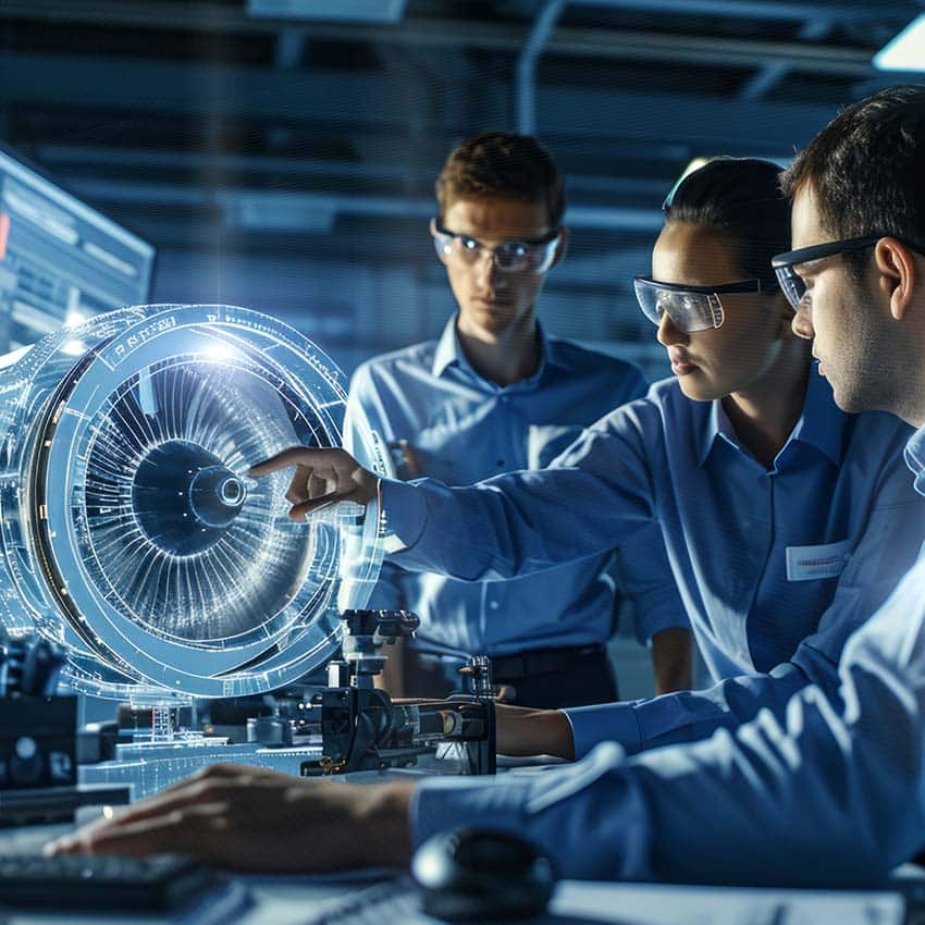 Engineers interacting with holographic engine