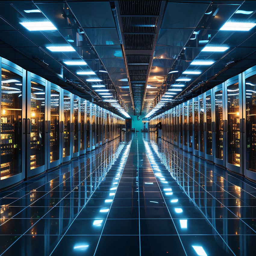 Server racks in a hall
