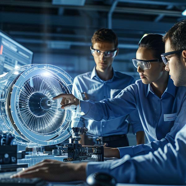 Engineers interacting with a hologram of an engine