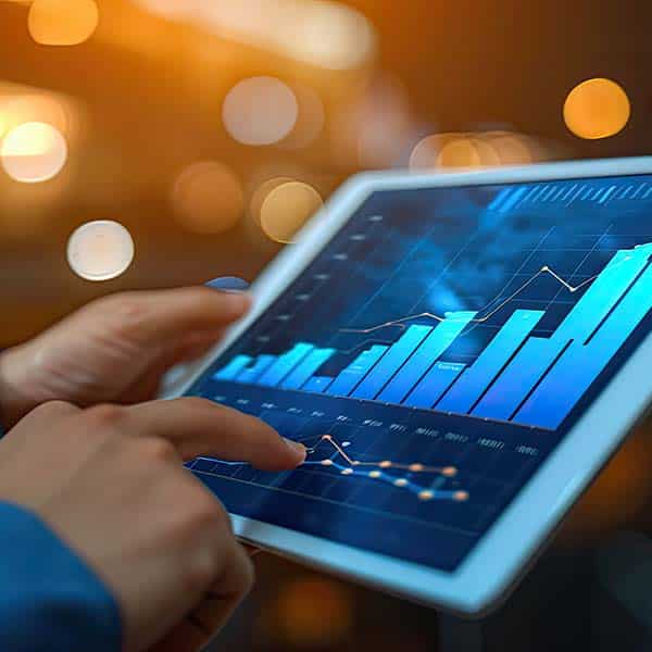 Hands interacting with graphs on a tablet