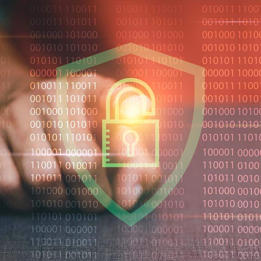 Padlock on a shield with binary overlay