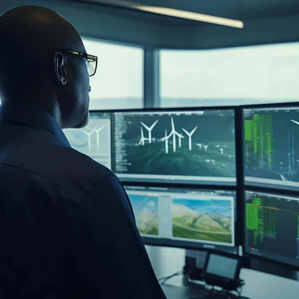 Man looking at energy data on computers