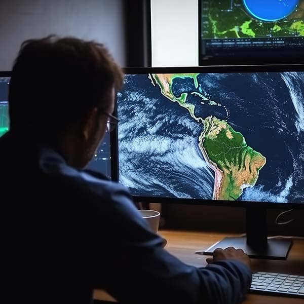 Man using computer to look at weather